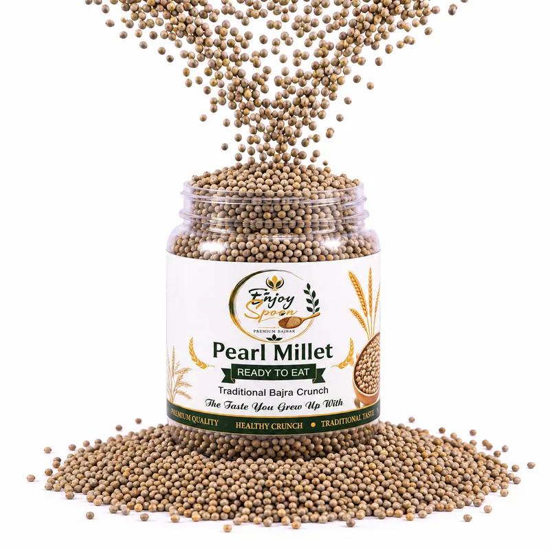 Enjoy Spoon Pearl Millet (Bajri) mukhwas jar overflowing with roasted bajra