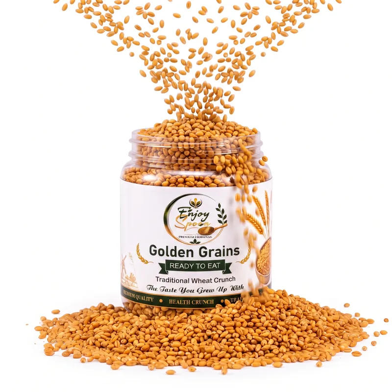 Enjoy Spoon Golden Grains (Gehu) mukhwas jar overflowing with roasted wheat